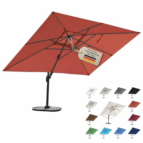 RS Trade Sonnenschirm Ampelschirm 3x4m groß rechteckig, mit Windsicherung, Ständer und Schutzhülle, drehbar neigbar kippbar mit Kurbel, windstabil für Garten Terrasse Balkon Gastronomie, orange-rot