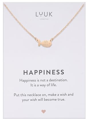 LUUK LIFESTYLE Elegante Halskette mit Fischgräten I Fisch Anhänger, zeitloses und dezentes Design kleines Geschenk mit HAPPINESS Spruchkarte, Rosé