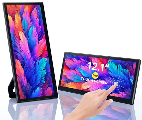 12.1'' Portable Monitor Touchscreen, FHD IPS Touch Screen, Portable Monitor Plug&Play, Travel Monitor with Kickstand & Speaker, HDMI USB C External Monitor for Laptop Phone Computer Switch PS5, VESA