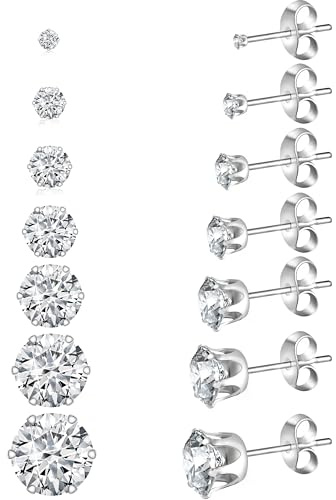 Yiorxu Stud Earrings for Women, 7 Pairs Gold Silver CZ Surgical Steel Earring Sets With Anti-Oxidation Elastic Gifts Packing Box for Men Girls (Silver)
