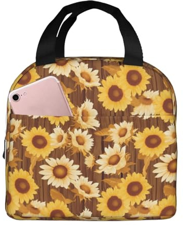 Bolsas de almuerzo aisladas para hombres y mujeres, trabajo, grano de madera marrón, girasol B, bolsa térmica suave aislada para viajes, lonchera pequeña a prueba de agua para hombres y mujeres, bolsa