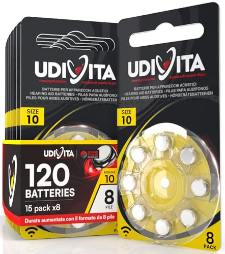 120 Batterie per Apparecchi Acustici Udivita Misura 10 (Gialle) PR70 con Phono Pulse Technology - 15 Blister da 8 Pile