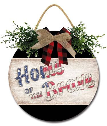 Home Of The Brave Haustürschild, lustige Kränze, hängende Holzschild, Dekoration, rund, rustikales Holz, Bauernhaus-Veranda-Dekoration für Zuhause, Haustür-Dekoration, 27,9 x 27,9 cm