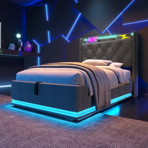 ZYLOYAL10 Klädd sängstomme med USB-uttag och LED-ljus, dubbelsäng med ribbotten av metallram, klädsel av linnematerial, ungdomssäng (grå-A 90 x 200 cm)