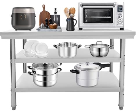 XUEMANSHOP Edelstahltisch, 120x60x90cm 3-Etagen Edelstahl Arbeitstisch, Höhenverstellbereich 2cm, Max. 100kg, für Küchen, Garagen, Gärten, Bars, Buffets
