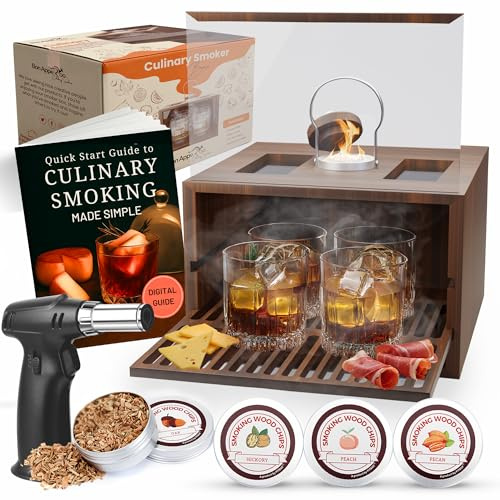 Bon Apperoo™ Kulinarische Räucherbox mit 4 Gläsern und Taschenlampe, tragbares Teesieb für kalte Speisen und Cocktails, Whiskey und Bourbon Räucherset, ideal für Getränke und Wurstwaren, Butan nicht