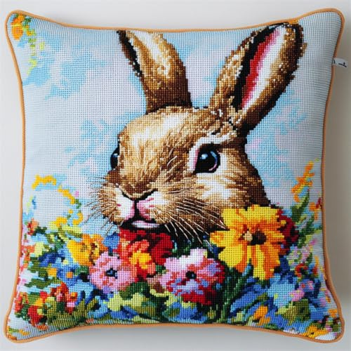 ORLUMY DIY Knüpfkissen Zum Selber Knüpfen Knüpfhaken-Set Mit Kaninchen Und Blumen，Cartoon-Tiere，Diy-Haken，Gestrickt，Bestickter Teppich，Kissen，Stickerei，Knüpfhaken-Teppich-Set 43x43cm