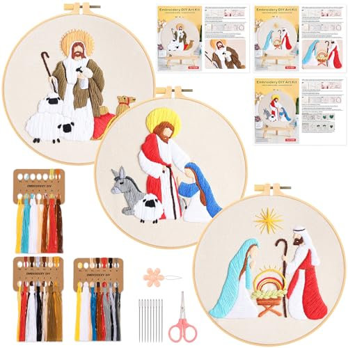 JSRQT 3 Pezzi Presepe Cristiano Ricamo Starter Kit, Punto Croce Kit da Ricamare per Adulto Principianti,Embroidery Starter Kit,DIY Kit Cucito A Mano