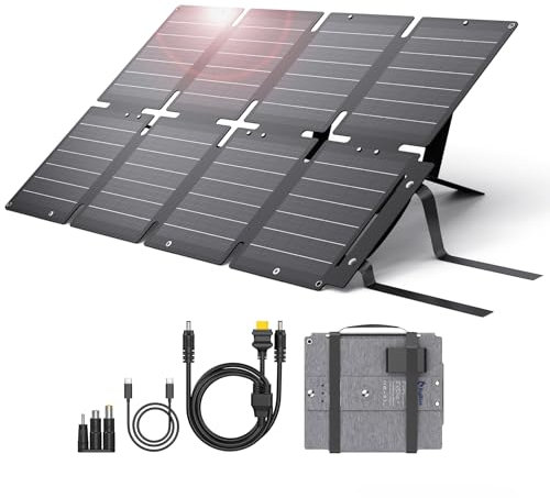 BigBlue Caricabatterie Solare Pieghevole 60W, ETFE Pannelli Solari Portatile QC3.0+PD45W Uscita CC 22,2V【IP68 e Supporto Angolare】per Campeggio, Compatibile con Smartphone Tablet Generatore Solare