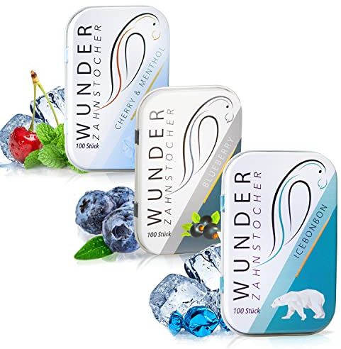 Wunder Palillos de Dientes - Fresh Pack - Caramelos refrescantes, Arándanos, Cereza mentolada - 300 Palillos de Dientes con Sabor - Aliento frescor - Limpieza Dental