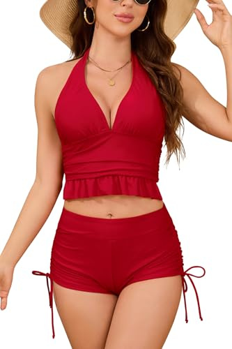 SHEKINI Donna Halter Deep V Bikini Top Cordo da Nuoto Shorts Due Pezzi Abiti da Bagno in Vita Alta con Ragazzo Corto, Rosso, M
