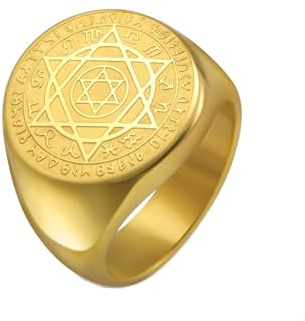 Amaxer Anello Talismano Sigillo di Salomone per uomo 12 Costellazione Esagramma Stella a Sei Punte Protezione Anelli Amuleto Acciaio Inox (Oro, 18mm)