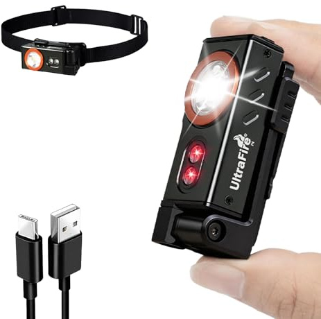 UltraFire Wiederaufladbare Mini LED Taschenlampe 500 Lumen mit Rotlicht, 6 Modi Kleine Taschenlampe mit Kopfriemen, Magnetclip, Drehbare Kompakte Stirnlampe