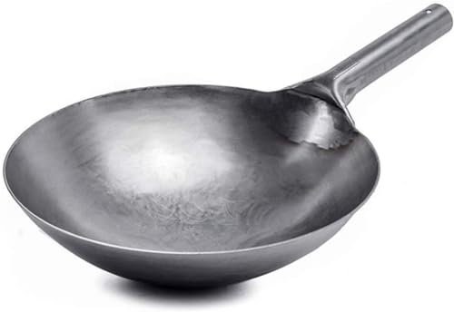 Wok in acciaio al carbonio, pre-stagionato, 35,5 cm, martellato a mano, tradizionale antiaderente, per ristoranti di famiglia, perfetto per una cucina autentica