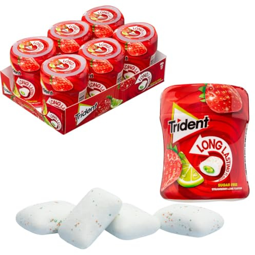 iChuches – Trident Chicle Sin Azúcar de Larga Duración, Refrescante y Sin Calorías | 6 Botes de Grageas Sabor Fresa Lima