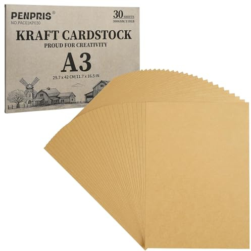 300gsm Kraft Braun Karton A3 30 Blätter 110lb Baupapier | PENPRIS Doppelseitiges Schweres Kartonpapier Für Weihnachtskarten, Kartenbasteln, Postkarten, Einladungen PAC01KP030