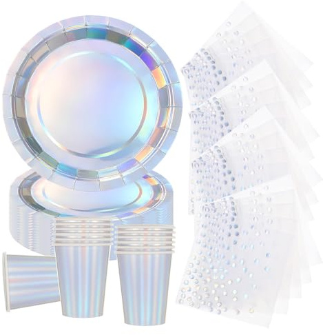 72pcs Shiny Rainbow Laser Party Tableware,Holographic Laser Paper Plates Laser Party Cups Napkins for Christmas,Bling Paper Dinnerware for Kids/Adult Birthday Wedding,Baby Shower Table Decorations