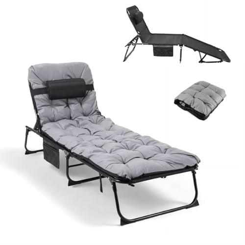 Clevich XL Liegestuhl mit wasserdichtem Kissen, klappbarer Sonnenliege mit Verstellbarer Rückenlehne, Seitenfach und Kopfkissen, 190x68x31 cm, maximale Belastung 150 kg, Strandliege für Garten, Pool