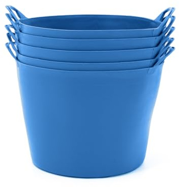 BiGDUG Plastic Flexi Tubs (42 Litre) - Pack of 5 - Recycled Blue - Heavy Duty Trugs Flexible Storage Bucket - Multi Purpose Round Container