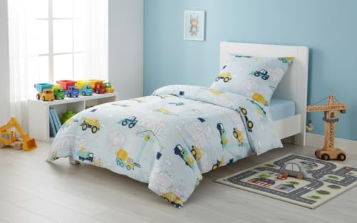 Kids Duvet Cover Set – Boys Girls Bedding, 100% Brushed Cotton Flannel with Pillowcase, Fun Printed Quilt Cover for Toddler, Children Single Bedding Set, Christmas Decor Gift (Construction Veh)