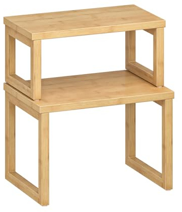 HOOBRO Cabinet Organizer Shelf, Set of 2 Kitchen Counter Shelves, Expandable Kitchen Storage, Stackable Bamboo Spice Rack, for Kitchen, Countertop, Office Desk, Living Room, Natural YL20TL01