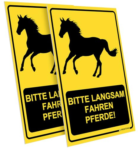 PRINTIMA 2x Schild 21x32 cm BITTE LANGSAM FAHREN – PFERDE! – wetterfestes PVC-Warnschild inkl. Schrauben & Dübel – ideal für Reitwege, Pferdehöfe & ländliche Zufahrten