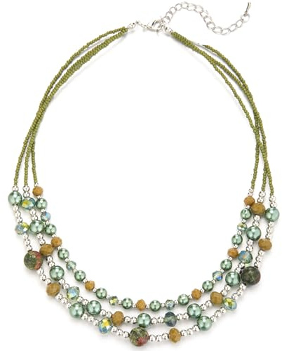 FULU AUTUMN Collier de Perles Bohème Ras-de-Cou Multicouche pour Femme Bijoux Fantaisie Statement avec Pierres Naturelles et Cristaux Cadeau Fête des Mères(Green)