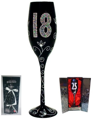 COPA CAVA (CHAMPÁN) PARA REGALO ORIGINAL DE CUMPLEAÑOS, CON LOS NÚMEROS DE LAS EDADES GRABADOS (18 AÑOS NEGRA)