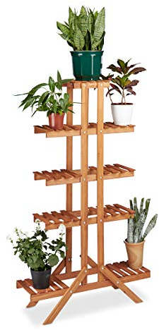 Relaxdays Etagère à fleurs en bois escalier pour plantes échelle plantes intérieur HxlxP: 142,5 x 83 x 28,5 cm brun miel