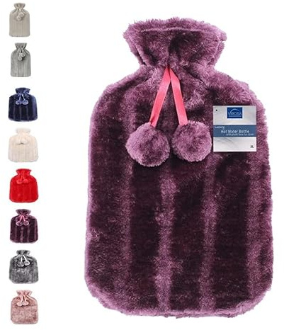 VIROSA Luxury Hot Water Bottle with Soft Faux Fur Cover & Pom Poms – 2 Litre Large Leakproof Rubber Bottle for Neck, Shoulder, Back Pain Relief & Hand and Feet Warmer (Violet)