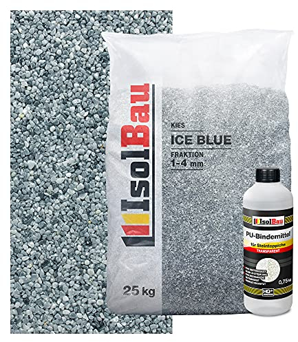 Isolbau Steinteppich Aussen Komplettset Marmorkies 25kg + Bindemittel bis 2,5m² Ice Blue 1/4mm Epoxidharz Terassenboden Natursteinboden Marmorkies Bodenbelag Steinboden, Marmorstein, Innen Außen