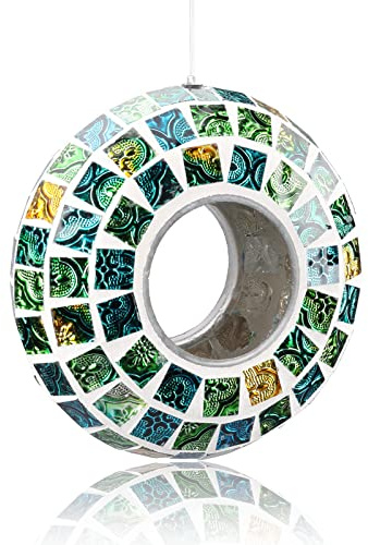 Yinns Vogelfutterspender, Durchflug-Vogelfutterspender für den Außenbereich, hängender Mosaikglas-Vogelfutterspender, runder Wildvogelfutterspender 18 cm, Grün
