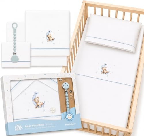 Juego Sabanas Cuna 60x120 100% Algodon con Sabana Bajera + Encimera Transpirable Ajustable Lavable Funda Almohada Suave Pack Descanso Bebes y Recien Nacidos + Chupetero Regalo Recien Nacido Oso Azul
