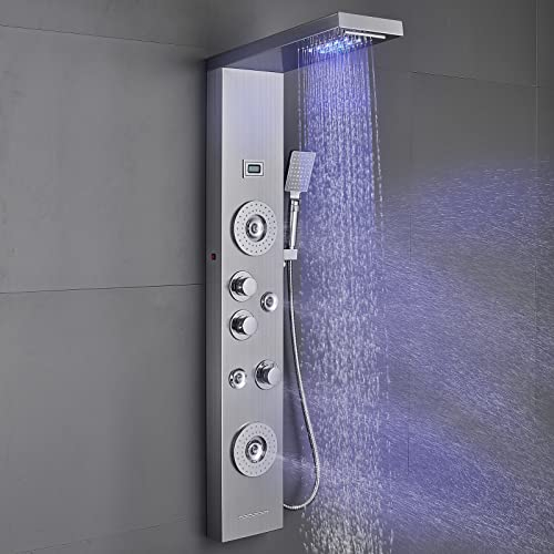 KEOKBON Pannello doccia a pioggia a LED spazzolato, 5 modalità, in acciaio inox, con getti massaggianti, doccia a pioggia, cascata, doccetta per bagno, montaggio a parete
