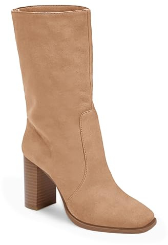 Juliet Holy Women’s Mid-calf Boots Chunky Stacked Heel Square Toe Side Zipper Slip-on Suede Winter Booties