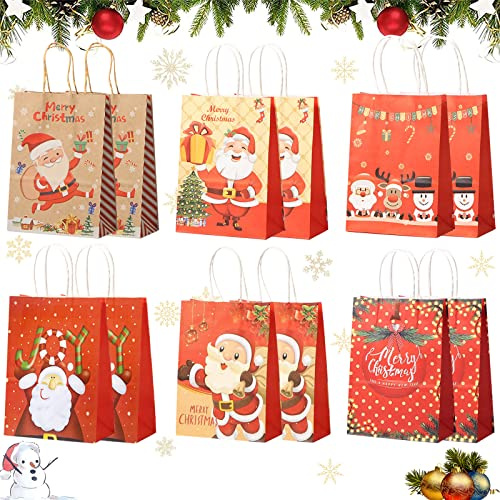 12 Stück Geschenktaschen Weihnachten, Weihnachts Kraft Geschenktaschen, WeihnachtstüTen Mit Henkel, Papiertüten Weihnachten Geschenktüten für Party Geschenkverpackung (B)