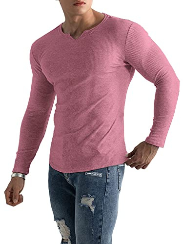 Muscle Cmdr -Långärmad/kort T-shirt herr stretch slim fit t-shirt v-ringad undertröja för herr, Rosenröd, L