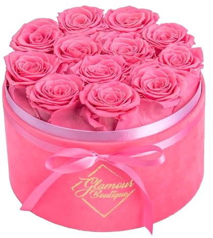 GLAMOUR BOUTIQUE Flower Forever Gift Box, 12 Real Preserved Roses in Round Velvet White Box, Handmade Floral Gift with Rose Petals for Birthday, Anniversary or Graduation, Velvet Pink (Color-Treated)