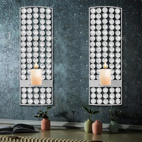 Sxnzequnze Crystal Candle Holder Silver Wall Sconces Set of 2 Glam Room Decor Wall Art Luxury Decorations Fireplace Mantel Decor Home Décor Accents for Living Room Kitchen Bedroom Dining Room Bathroom