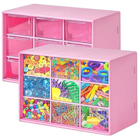 2 Pezzi Mini Cassettiera Portaoggett, Contenitore Portaoggetti con 9 Cassetti Porta Minuteria Plastica Organizer Cassettini da Scrivania per Riporre Gioielli, spille, Viti e Piccole Parti (Rosa)