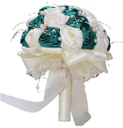 Fasksh Dunkelgrüne, elfenbeinfarbene Schleifenblumen, atemberaubende Perlen, Brautsträuße, künstliche Satin-Rosen, Hochzeitsstrauß-Zubehör