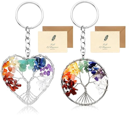 SwirlColor Albero della Vita Portachiavi 2 pz, Bella Forma Rotonda di Cuore 7 Chakra Healing Crystal Albero della Vita portachiavi Pendente Fortunato Gemstone Portachiavi con 2 Carte