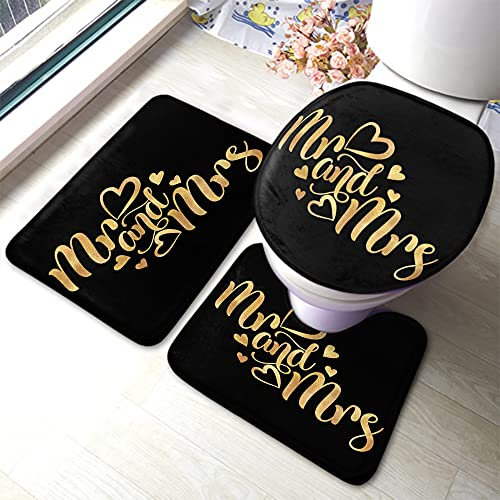 Set 3 Teilig Badvorleger Herr Und Frau Gold Glitzer Typografie Schwarz Anti-Rutsch U-Förmigen Contour Matte Waschbar Wc-Deckelbezug Langlebige Badematte 3-TLG