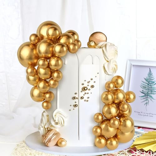 Veszoen 108 Piezas Bolas Decoración Tarta Decoracion Tartas Cumpleaños Bolas de Decoración para Tartas Decoración Tarta de Bolas para Bodas, Fiestas, Cumpleaños(Dorado)