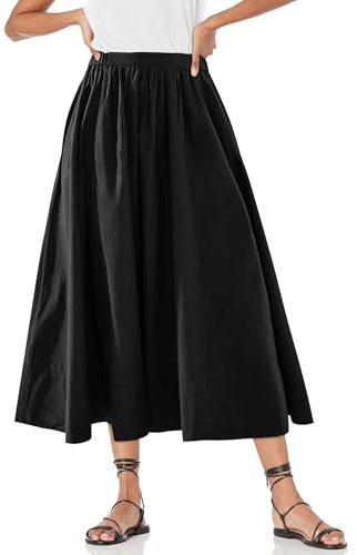 Yousify Women’s A-Line Midi Skirts Casual Elastic High Waist Flowy Swing Pleated Beach Boho Long Skirt with Pocket Black