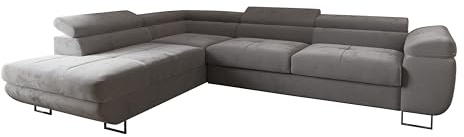 Ecksofa Luna mit Schlaffunktion und Bettkasten – 275x202 cm – verstellbare Kopfstützen – Liegefläche 193x125 cm – Couch – Schlafsofa – L-Sofa mit Stauraum (Monolith 84 Hellgrau, Seite: Links)
