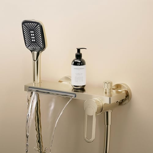MocArt N502 Vollkupfer Badezapfen, Kalt-Warm-Regelung, Wandmontage, Handbrause mit 3 Stufen & Wasserfall-Auslass – Ideal für Badezimmerumbau und Modernisierung (Gebürstetes Gold)