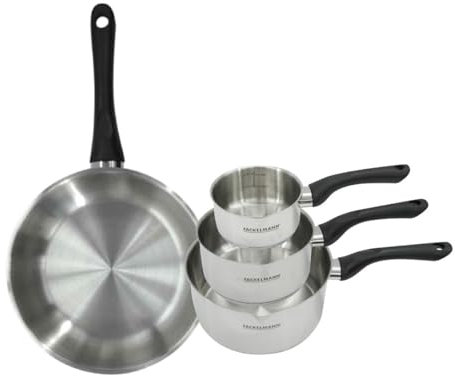 Fackelmann 9443650 Set poêle 28 cm et 3 casseroles 12 16 et 20 cm en inox 18/8, tous feux, induction, sans PFAS, Acier inoxydable 18/8, 12 16 20 et 28 cm, Gris Ardoise