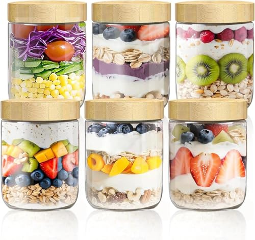 Quuylin 6Pcs 480ml Overnight Oats Jars, Bocaux en verre réutilisables, Pot Yaourt Avoine en Verre avec Couvercle en Bois à Vis Scellés, Pour la Préparation des Repas, Yaourt, Céréales