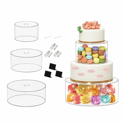 Befüllbarer Tortenständer aus Acryl, Stapelbare Tortenetage, 3 Stück Dessert Displaybox, LED Dekorativ Transparent Cupcake Etageren für Geburtstags, Hochzeits und Feiertagsfeiern (Clear Mit Deckel)